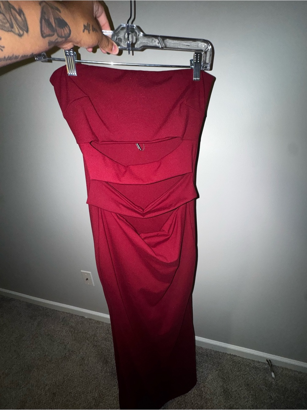 Fashion Nova Strapless Ruched Wine Red Midi Dress